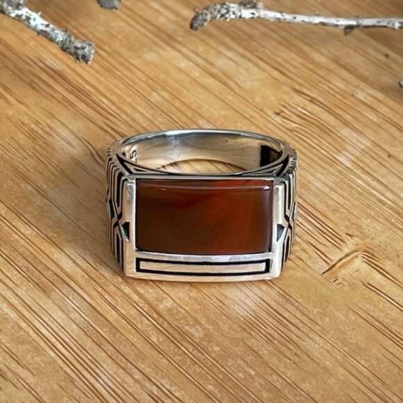 925 Sterling Silver Men's Ring With Agate Stone - Picture 7 of 12